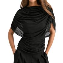 Blusa feminina FWSAM drapeada, manga, cintura franzida, preta Blusa feminina FWSAM drapeada, manga, cintura franzida, preta