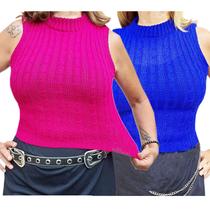 Blusa Feminina Garrafinha Trançada Tricot Modal Elegante Gola Alta sem Manga: Kit com 2 Cores Sortidas