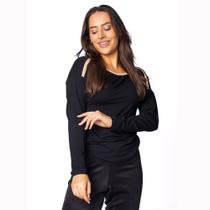 Blusa Feminina Giraffe Manga Longa Decote Canoa Preto