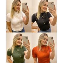 Blusa feminina gola alta malha canelada