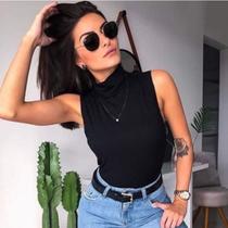 Blusa feminina gola alta manga cavada canelada com elastano