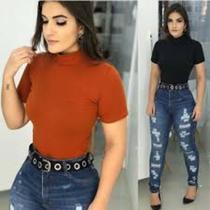 Blusa feminina gola alta manga curta malha canelada - Filo modas