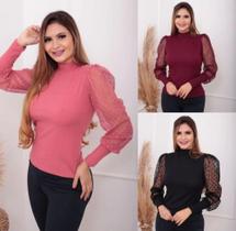 Blusa feminina gola alta manga longa tule canelada