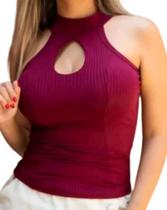 Blusa feminina gola alta regata decote gota tecido canelado