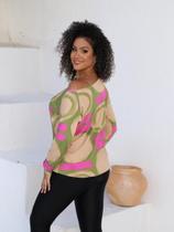 Blusa Feminina Gola Canoa Manga Longa Estampada Formas Abstratas Blusa Feminina Gola Canoa Manga Longa Estampada Formas Abstratas