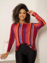 Blusa Feminina Gola Canoa Manga Longa Estampada Listras Horizontais Blusa Feminina Gola Canoa Manga Longa Estampada Listras Horizontais