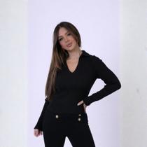 Blusa Feminina Gola Polo Lisa Canelada Manga Longa Tricot Ajustada Elegante
