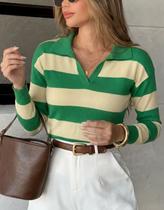 Blusa Feminina Gola Polo Listrada Tricot Modal Suéter Manga Longa Inverno