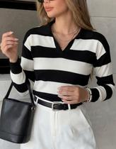 Blusa Feminina Gola Polo Listrada Tricot Modal Suéter Manga Longa Inverno
