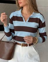 Blusa Feminina Gola Polo Listrada Tricot Modal Suéter Manga Longa Inverno
