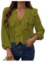 Blusa feminina GORGLITTER com babados, decote em V, manga comprida, verde Blusa feminina GORGLITTER com babados, decote em V, manga comprida, verde