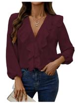 Blusa feminina GORGLITTER com babados e decote em V cor de vinho Blusa feminina GORGLITTER com babados e decote em V cor de vinho