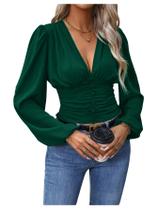 Blusa feminina GORGLITTER franzida com decote em V profundo, verde escuro Blusa feminina GORGLITTER franzida com decote em V profundo, verde escuro