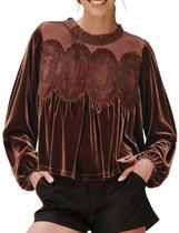 Blusa feminina Gozoloma, manga comprida, acabamento em veludo, renda marrom