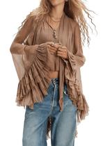 Blusa feminina GQBiaoji com babados, chiffon transparente, bainha alta e baixa