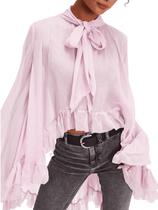 Blusa feminina GQBiaoji com babados de manga comprida rosa chiffon transparente