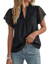 Blusa feminina GRACE KARIN de renda de manga curta com decote em V preta Blusa feminina GRACE KARIN de renda de manga curta com decote em V preta