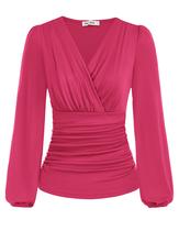 Blusa feminina GRACE KARIN, lanterna franzida, manga comprida, rosa vermelha