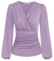 Blusa feminina GRACE KARIN, manga comprida, decote em V, plissada, rosa L