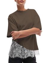 Blusa feminina GTLIAE, renda, patchwork, manga curta, café Blusa feminina GTLIAE, renda, patchwork, manga curta, café