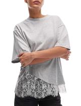 Blusa feminina GTLIAE, renda, patchwork, verão, cinza claro Blusa feminina GTLIAE, renda, patchwork, verão, cinza claro