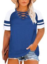 Blusa feminina Happy Sailed plus size listrada com decote em V azul 5X