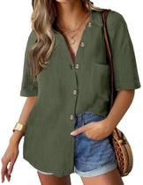 Blusa feminina HOTOUCH de linho de manga curta Button Down Army