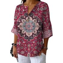 Blusa feminina HOTYD, boho, floral, decote em V, manga comprida, rosa S Blusa feminina HOTYD, boho, floral, decote em V, manga comprida, rosa S