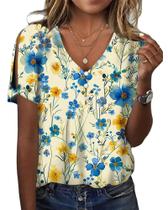 Blusa feminina HOTYD com estampa floral boho, manga curta e decote em V