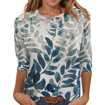 Blusa feminina HughFance, manga 3/4, algodão, estampa floral de outono