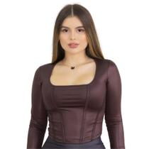 Blusa feminina imitando corselete manga longa blogueira dia das mães