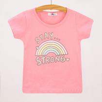 Blusa Feminina Infantil Manga Curta Rosa Chiclete Estampa Glitter Arco Iris