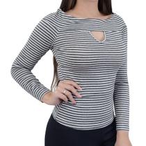 Blusa Feminina Kacolako Ombro a Ombro Listras Cinza - 34405