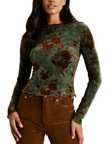 Blusa feminina KGGT Velvet Burnout Slim Fit, manga comprida, verde