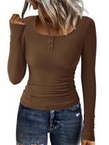 Blusa feminina KIRUNDO de malha canelada Henley Button Down marrom