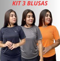 Blusa Feminina Kit 3 T Shirts Via Ello Dry Esportiva Treino Academia Corrida Proteção UV Manga Curta