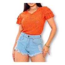 Blusa feminina laise gola rasa manga curta babado moda fashion