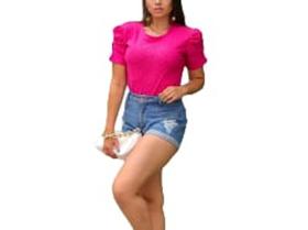 Blusa feminina laise gola rasa manga curta bufante moda elegante