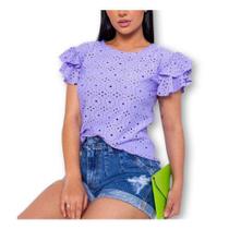 Blusa feminina laise gola rasa manga dois babados fashion