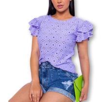 Blusa feminina laise gola rasa manga dois babados tendência feminina