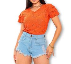 Blusa feminina laise gola redonda manga curta babado moda fashion