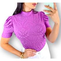 Blusa feminina laise manga bufante gola alta confortável