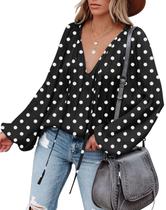 Blusa feminina LAMISSCHE de bolinhas com decote em V profundo e manga comprida