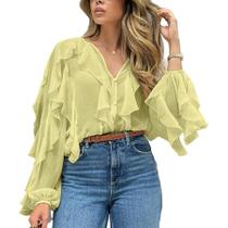 Blusa feminina LETSVDO com babados, chiffon, manga folhada e decote em V Blusa feminina LETSVDO com babados, chiffon, manga folhada e decote em V