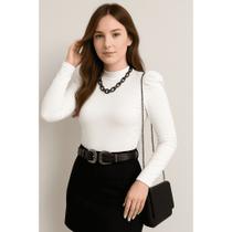 Blusa feminina lisa canelada gola alta manga longa bufante moda