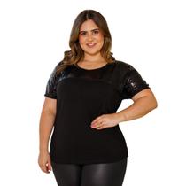 Blusa Feminina Lisa Com Manga Curta E Detalhe Em Paetê Blusa Feminina Lisa Com Manga Curta E Detalhe Em Paetê