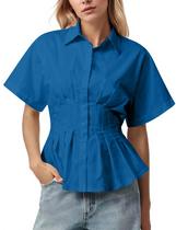 Blusa feminina listrada com botões e pregas azul Dsewpaur