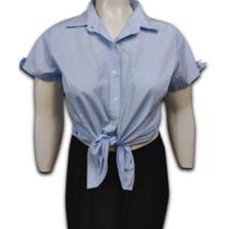 Blusa Feminina Listrada com Botões Tricoline Laço na Manga Plus Size