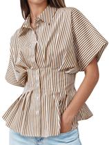 Blusa feminina listrada com peplum e botões Tankaneo marrom