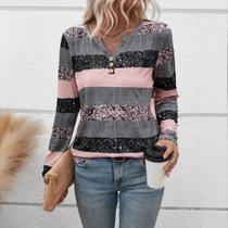 Blusa Feminina Listrada de Manga Comprida - Decote V - Casual - Primavera/Outono/Inverno Blusa Feminina Listrada de Manga Comprida - Decote V - Casual - Primavera/Outono/Inverno